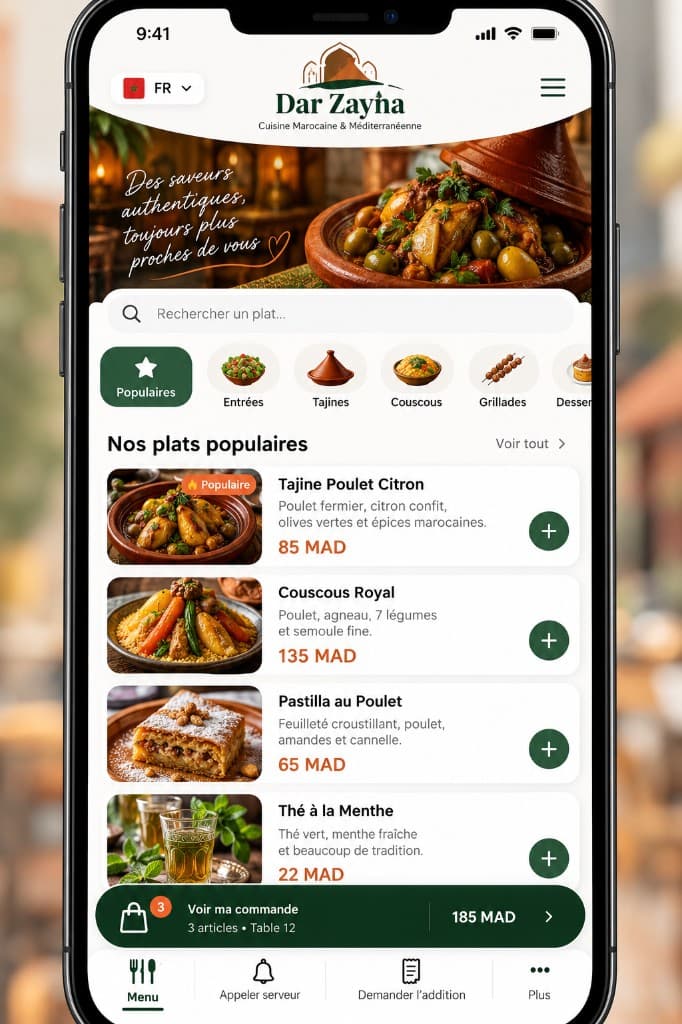 Menu digital Dar Zayna sur smartphone